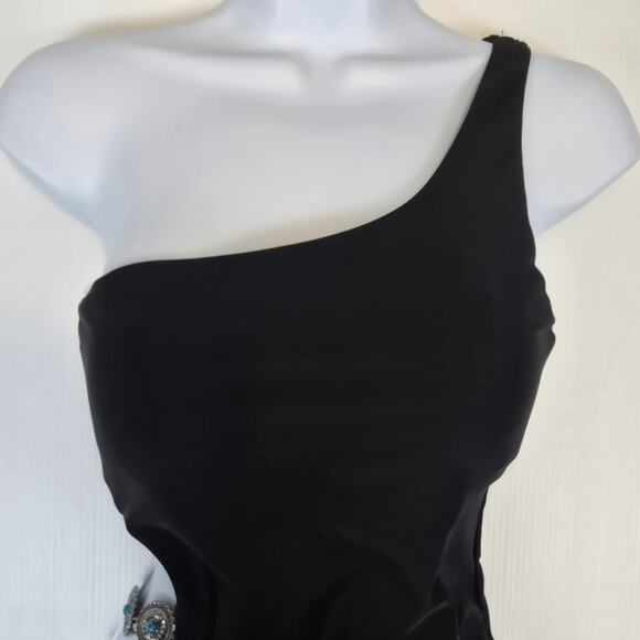 L'Agence Ava Chain Black Swimsuit One Shoulder Cut Out Concho Turquoise S NEW - Picture 8 of 12